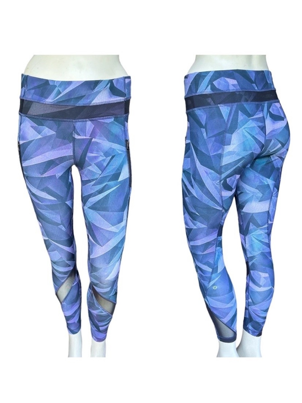 Lululemon Womens Size 8 Blue Purple Geometric Leggings Mesh Zip Pockets Running